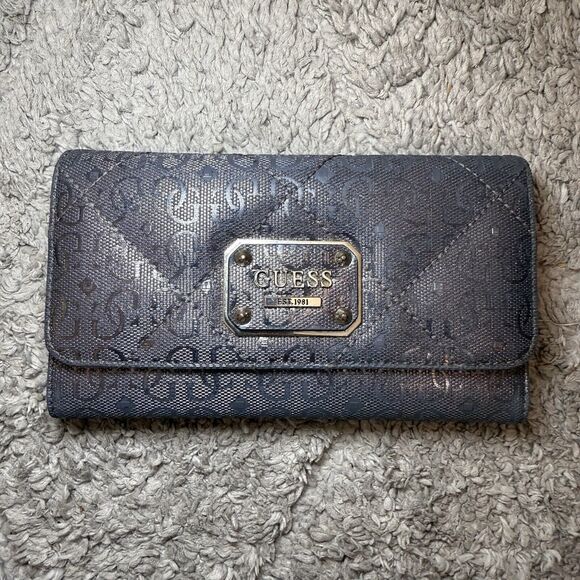 Guess Tri-Fold Faux Leather Wallet Charcoal Gray/Silver Monogram G‎ - Picture 16 of 16